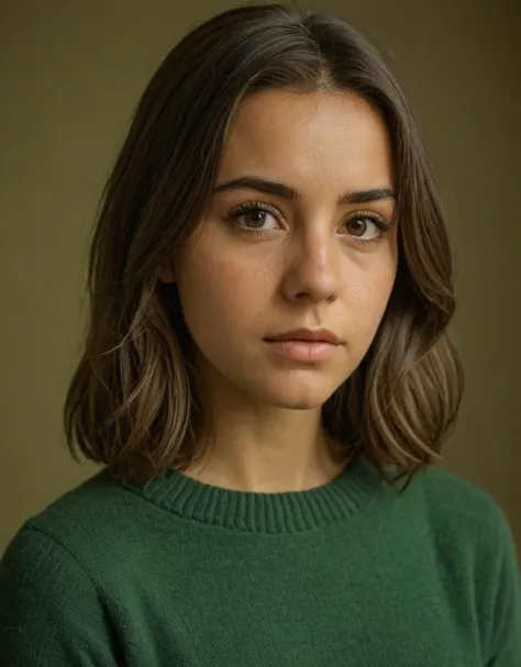 woman, portrait, medium shot, serious expression, brown eyes, shoulder-length hair, green sweater, warm tones, monochromatic background, side lighting, contemplative, indoors, photography, simplicity, high resolution, looking to the side, natural makeup, young adult, olive skin, Fujifilm XT3, Canon R5, Fujicolor Fujichrome Velvia 100
