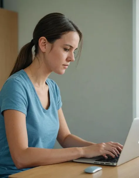 woman, laptop, working, blue t-shirt, indoors, office setting, focused, concentration, sitting, technology, professional, light interior, casual wear, studying, using computer, natural light, side profile, neutral colors, adult, productivity, modern work environment, ergonomic, silver laptop, wireless mouse, desk, simplicity, home office, Fujifilm XT3, Canon R5, Fujicolor Fujichrome Velvia 100