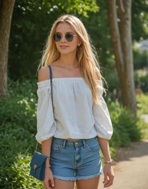 young woman, outdoors, summer, casual fashion, sunglasses, white off-the-shoulder top, denim shorts, blue shoulder bag, long blonde hair, hoop earrings, natural light, bokeh background, nature, candid pose, sunlight, bright, greenery, park setting, daytime, fashionable, relaxed posture, golden hour, Fujifilm XT3, Canon R5, Fujicolor Fujichrome Velvia 100