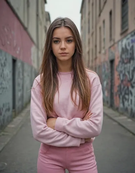 woman, standing, folded arms, city background, casual attire, color-block sweatshirt, pink pants, serious expression, blurred background, urban setting, daytime, street scene, young adult, female, graffiti, overcast sky, long hair, natural makeup, fashion, portrait orientation, soft focus, streetwear., Fujifilm XT3, Canon R5, Fujicolor Fujichrome Velvia 100