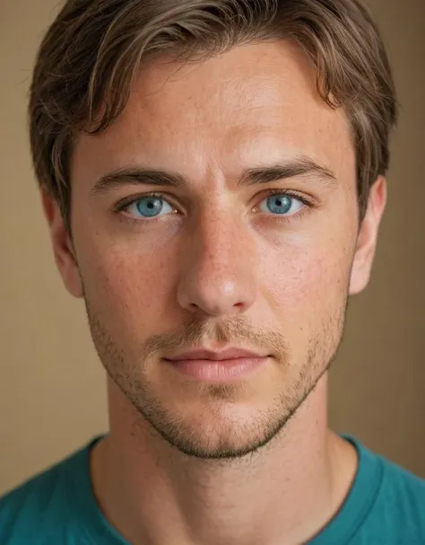 portrait, young adult male, caucasian, blue eyes, brown hair, teal t-shirt, neutral expression, close-up, shallow depth of field, soft lighting, indoor, smooth background, looking at camera, head slightly tilted, well-groomed, natural complexion, high-resolution image, earth tone background, photographic style, studio shot, slight beard stubble, Fujifilm XT3, Canon R5, Fujicolor Fujichrome Velvia 100