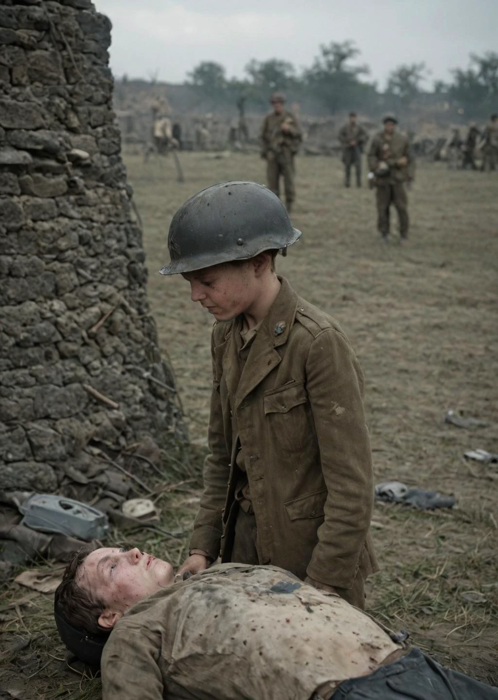 an injured world war ii soldier stands next to the body of a ,looking down at him,in the distance is the ruins of a village,<lora:zavy-cnmtc-sdxl:1>,helmet,dark tone,