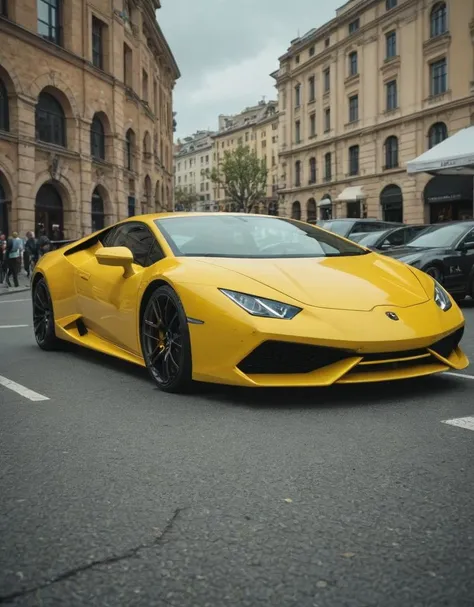 yellow sports car, Lamborghini Huracán, luxury vehicle, low angle view, car show, parked car, spectators, cloudy day, dynamic composition, premium car, performance vehicle, sharp design, Italian car, street parking, alloy wheels, sports rims, sleek bodywork, high-performance, daytime, automotive photography, vibrant color, selective saturation, outdoor setting, Fujifilm XT3, Canon R5, Fujicolor Fujichrome Velvia 100