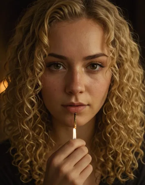 young woman, curly blonde hair, dark backdrop, lighting contrast, match flame, moody atmosphere, warm tones, close-up, sepia filter, intense gaze, nose ring, casual clothing, front view, low-key lighting, soft shadows, selective focus, bokeh, jewelry, rings, makeup, dramatic, mystery, intimate, cinematic feel., Fujifilm XT3, Canon R5, Fujicolor Fujichrome Velvia 100