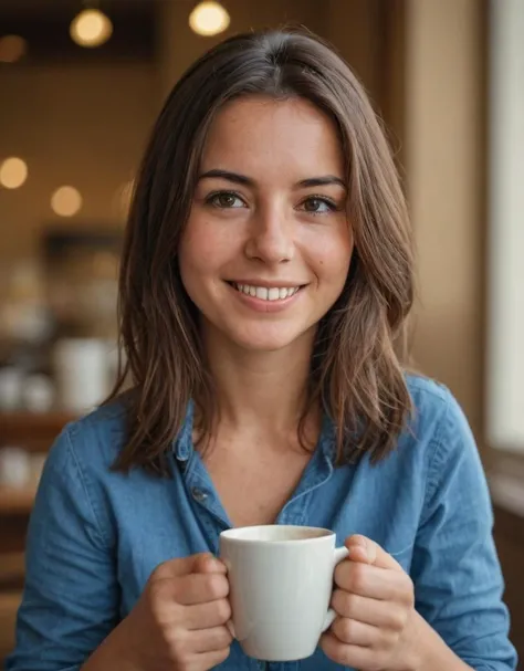 woman, drinking, coffee, smiling, casual attire, café, indoor, natural light, bokeh background, selective focus, blue shirt, brunette, young adult, relaxed pose, looking away, content expression, ceramic mug, daylight, urban setting, lifestyle, warm color tone, close-up, shallow depth of field, candid, serene, hand holding mug, Fujifilm XT3, Canon R5, Fujicolor Fujichrome Velvia 100