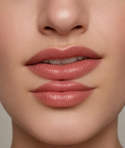 Close-up, female lips, glossy lipstick, clear skin, high-resolution, beauty shot, makeup, moisturized lips, natural makeup look, studio lighting, minimalistic, partial facial features, Caucasian, beauty mark, subtle smile, teeth visible, neutral background, professional photography, portrait orientation, cosmetics advertisement, seductive expression, skincare.,