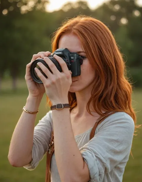 woman, photography, camera, taking photo, outdoor, focus on foreground, blurred background, golden hour, photographer in action, casual clothing, DSLR camera, bokeh, natural light, focus on hands, creativity, hobby, scenic view, serene, camera strap, redhead, summer, close-up, holding camera, partial face, young adult, Fujifilm XT3, Canon R5, Fujicolor Fujichrome Velvia 100