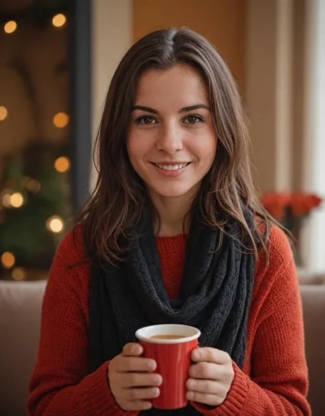 woman, smiling, holding red cup, orange sweater, black scarf, brown hair, casual clothing, seated, natural light, indoor setting, shallow depth of field, bokeh background, festive decorations, warm colors, close-up, winter season, content expression, European features, daytime, Fujifilm XT3, Canon R5, Fujicolor Fujichrome Velvia 100