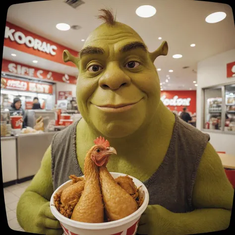 CCTV footage of Shrek cuddling a giant chicken bucket, at KFC, Polaroid filter fish-eye lens, highly detailed, intricate details