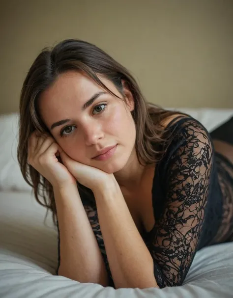 woman, lying on bed, black top, lace tights, casual pose, hand on chin, looking at camera, playful expression, indoor, domestic setting, soft focus, subdued lighting, intimate atmosphere, neutral colors, selective focus, shallow depth of field, bedroom, comfort, femininity, relaxed posture, young adult, casual attire, candid shot., Fujifilm XT3, Canon R5, Fujicolor Fujichrome Velvia 100