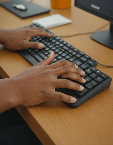 hands typing on keyboard, close-up, computer mouse, African ethnicity, male, indoors, partial view, office environment, technology, computer peripherals, black keyboard, orange mousepad, natural light, selective focus, workplace, desk, productivity, brown skin, office equipment, ergonomic mouse, text entry, human-computer interaction, information technology, business, modern technology, casual attire, unrecognizable person, Fujifilm XT3, Canon R5, Fujicolor Fujichrome Velvia 100