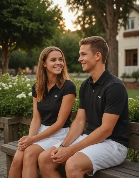 young man, young woman, sitting, casual clothing, bench, outdoors, smiling, looking away, relaxed pose, potted flowers, greenery, warm lighting, sunset, residential area, black polo shirt, white skirt, black dress, summer, interaction, conversation, friendly atmosphere, soft focus, bokeh background, candid, golden hour, Under Armour logo, Fujifilm XT3, Canon R5, Fujicolor Fujichrome Velvia 100
