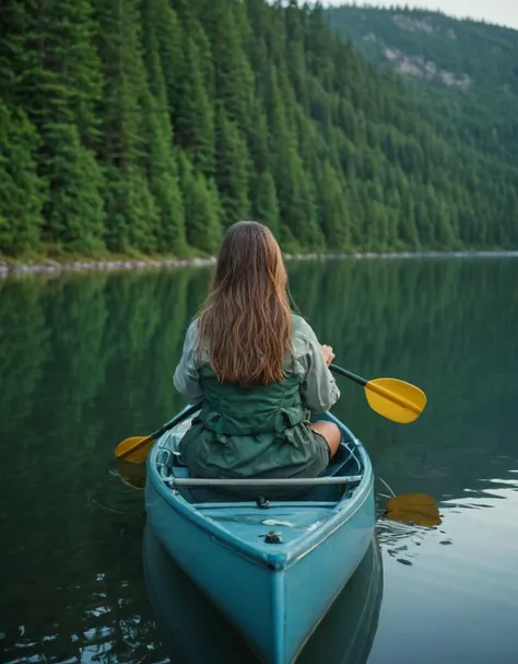 woman, canoeing, mountain lake, dusk, forest, reflection, long hair, seated, holding paddle, tranquil, looking away, adventure, life jacket, outdoors, composed, blue water, nature, serene, travel, horizontal composition, recreational boating, leisure activity, clear sky, rear view, Fujifilm XT3, Canon R5, Fujicolor Fujichrome Velvia 100