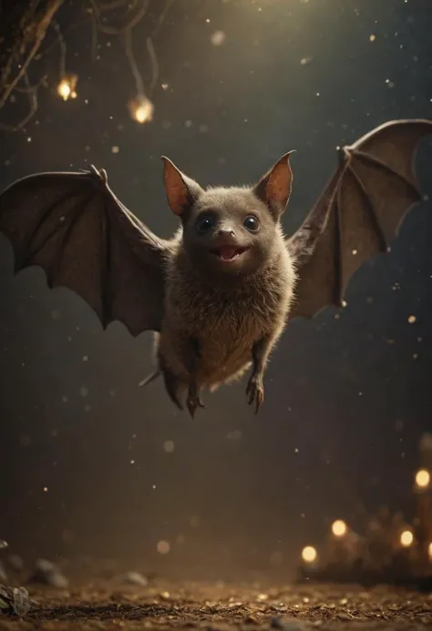 realistic photography of a cute adult magical bat with enchanting flight in an enchanted wonderland, beautiful whimsical fantasy art concept, detailed background, glowing particles, intricate details, ultra sharp, realism