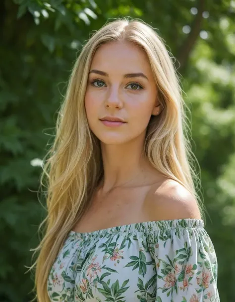 young woman, long blonde hair, off-shoulder top, floral pattern, nature background, outdoor portrait, bokeh effect, sunlight filtering through leaves, serene expression, summer attire, caucasian, makeup, looking to the side, green foliage, natural light, selective focus, soft shadows, image_quality:high-resolution, color_tone:warm, depth_of_field:shallow, Fujifilm XT3, Canon R5, Fujicolor Fujichrome Velvia 100