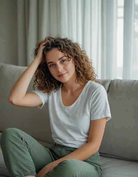 young woman, relaxed pose, curly hair, white t-shirt, green pants, lying on couch, indoors, home setting, casual fashion, living room, sheer curtains, natural light, comfortable, cozy, neutral colors, grey sofa, simple decor, day time, looking at camera, authentic lifestyle, serene expression, barefoot, minimal makeup, photo composition: central subject, soft focus background, Fujifilm XT3, Canon R5, Fujicolor Fujichrome Velvia 100