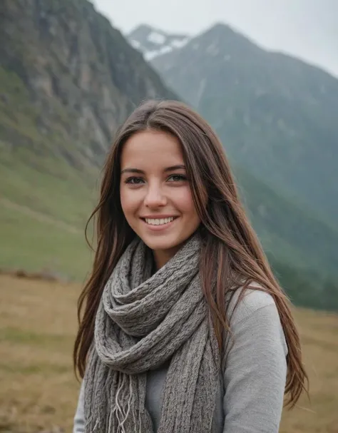 woman, smiling, mountain background, overcast, natural light, candid moment, knit scarf, casual clothing, outdoor, daytime, joy, happiness, relaxed posture, standing, long hair, brunette, young adult, nature, scenic view, depth of field, sharp foreground, blurred background, cool colors, earth tones, Fujifilm XT3, Canon R5, Fujicolor Fujichrome Velvia 100