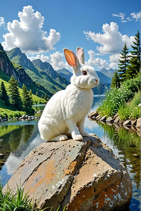 The image features a whimsical scene with a white rabbit standing on a rock, surrounded by a beautiful landscape. The rabbit is positioned in the center of the scene, looking up at the sky. The landscape includes a body of water, such as a river or a lake, with a mountain in the background.,
The painting style appears to be a mix of impressionism and surrealism, with a focus on capturing the essence of nature and the rabbit's interaction with it. The colors are vibrant and rich, with a soft, dreamlike quality that adds to the overall atmosphere of the painting.,
This type of painting could be attributed to an impressionist artist like Claude Monet or a surrealist artist like Salvador Dali, who are known for their imaginative and visually striking works.