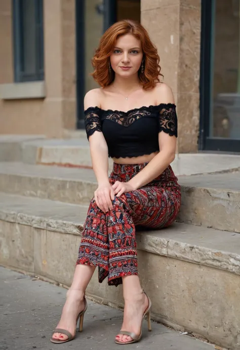 score_9, score_8_up, highly detailed,full body,
8k, complex composition, volumetric lighting,
a smirking beautiful 24 year old milf with shoulder length light loose curl red hair ,huge breasts,perfect skin, PERFECT FACE, juicy legs,
wearing a lace off the shoulder top, aztec pattern flare pants , matching heels,
alone on a street, sitting on a stoop, legs crossed