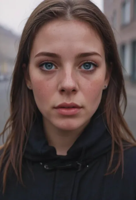 photography, city street, blue eyes, (small nose:2), freckles, eyeliner, mascara, portrait photo of young woman in dark clothes, sunny, daylight, fog, Fujifilm XT3, Canon R5, Fujicolor Fujichrome Velvia 100