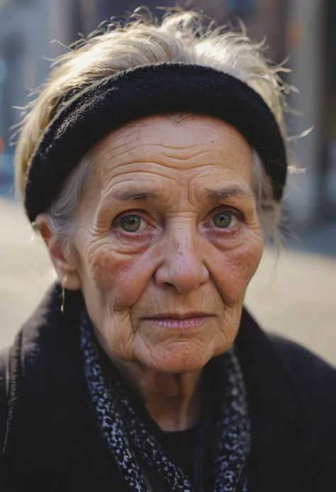 photography, city street, closeup portrait photo of old woman in dark clothes, sunny, daylight, fog, Fujifilm XT3, Canon R5, Fujicolor Fujichrome Velvia 100
