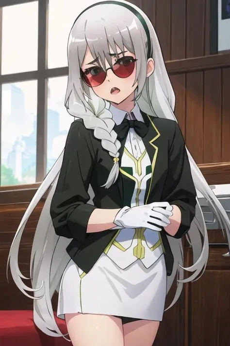 best quality, masterpiece, highres, solo, {black business suit:1.40}, {tie:1.20}, {sunglasses:1.25}, {white gloves:1.15}, {white shirt:1.10}, {black skirt:1.15}, {smoking:1.20}, handsome, {maidena_ange_futokunoguild:1.15}, long_hair, grey_hair, red_eyes, blush, braid, open_mouth, hair_between_eyes