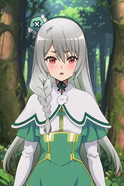 best quality, masterpiece, highres, solo, {maidena_ange_futokunoguild:1.15}, long_hair, grey_hair, red_eyes, blush, braid, open_mouth, hair_between_eyes, 1girl, closed_mouth, looking_at_viewer, outdoors, tree, upper_body, bangs, forest, nature, capelet, side_braid, long_sleeves