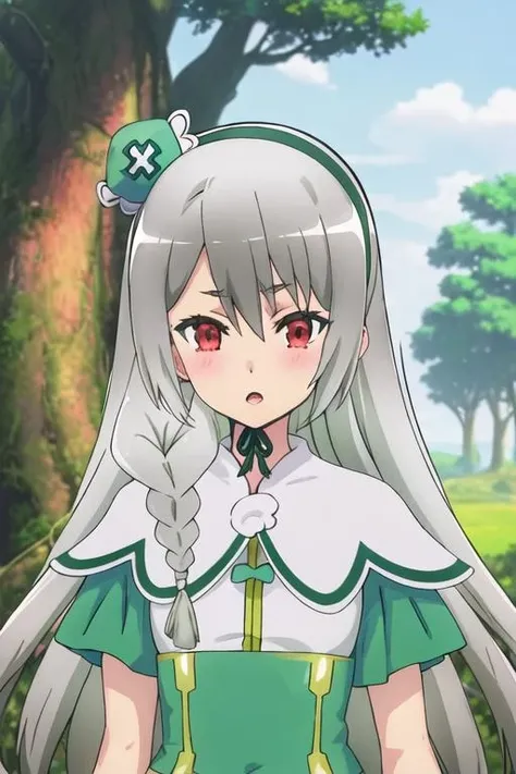 best quality, masterpiece, highres, solo, {maidena_ange_futokunoguild:1.15}, long_hair, grey_hair, red_eyes, blush, braid, open_mouth, hair_between_eyes, 1girl, closed_mouth, outdoors, portrait, hairband, ribbon, tree, bangs, green_ribbon