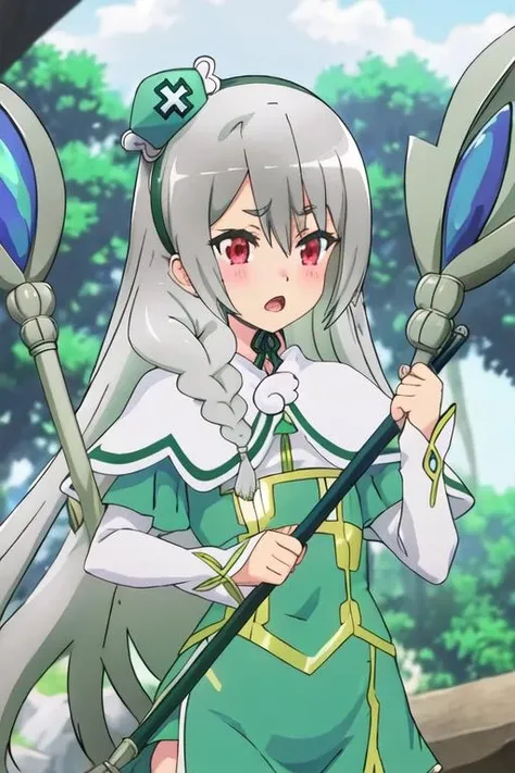 best quality, masterpiece, highres, solo, {maidena_ange_futokunoguild:1.15}, long_hair, grey_hair, red_eyes, blush, braid, open_mouth, hair_between_eyes, 1girl, hat, capelet, staff, magical_girl
