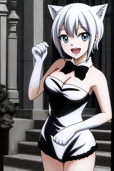 1girl,(lisanna strauss)+, :d, absurdres, (black and white cat outfit), white hair, highres, looking at viewer, big breasts, solo, standing, animal