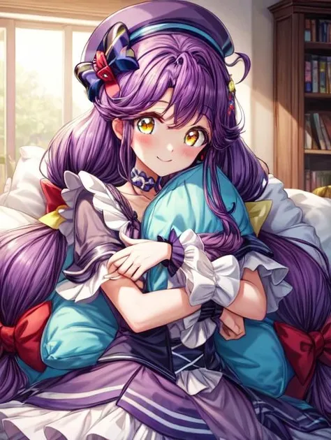 best quality, masterpiece, highres, highly detailed, 1girl, yellow eyes, purple hair, low twintails, long hair, ribbons, hat, purple dress, frills, layered dress, CureCoral, digital artwork, illustrative, <lora:Detail - add_detail:0.1>, <lora:Detail - more_details:0.2>, teenager, happy, indoors, living room, hugging pillow, <lora:Character - CureCoralV1:0.8>