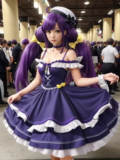 best quality, masterpiece, highres, highly detailed, 1girl, yellow eyes, purple hair, twintails, long hair, ribbons, hat, purple dress, frills, layered dress, CureCoral, realistic, <lora:Detail - add_detail:0.1>, <lora:Detail - more_details:0.2>, cosplayer, indoors, convention hall, cement wall, 30 year old woman, <lora:Character - CureCoralV1:0.7>