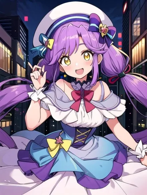 best quality, masterpiece, highres, highly detailed, 1girl, yellow eyes, purple hair, twintails, long hair, ribbons, hat, light purple dress, frills, layered dress, CureCoral, digital artwork, illustrative, <lora:Detail - add_detail:0.1>, <lora:Detail - more_details:0.2>, city, hawaii, excited, <lora:Character - CureCoralV1:0.7>