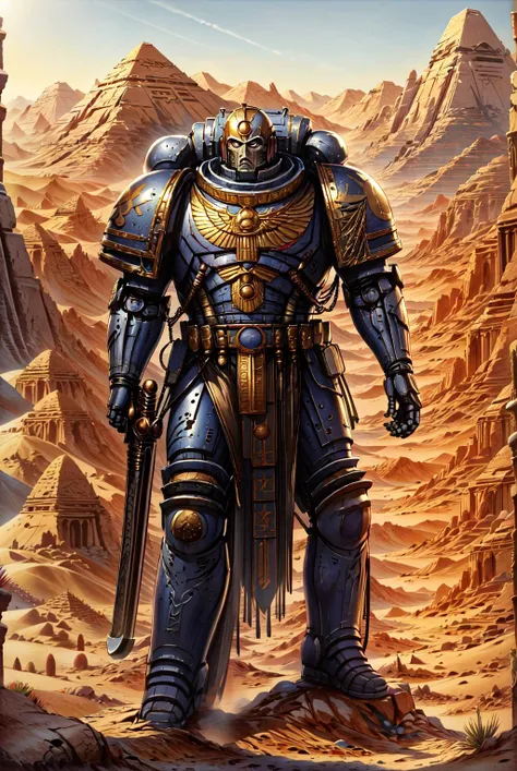 primaris, full body shot, battlefield background, standing, holding khopesh, egyptianworld, desert, oasis, desert_river, necropolis,