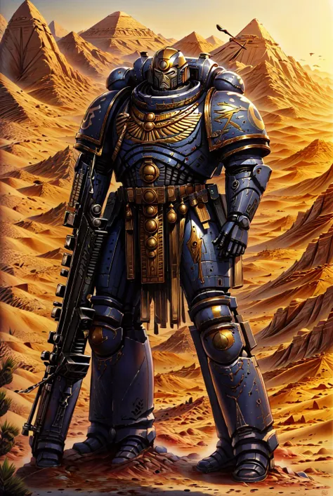 primaris, full body shot, battlefield background, standing, holding sniper_rifle, egyptianworld, desert, oasis, desert_river, necropolis,