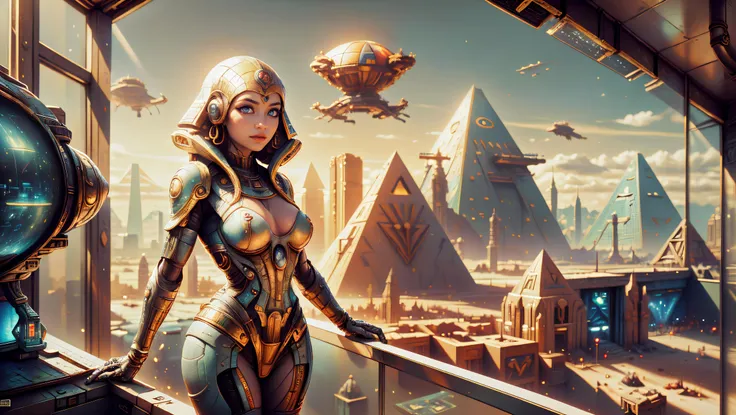 16K, Best Quality, High Quality, Highres, Masterpiece, Ultra Detailed, (medium shot:1.5) (rule of thirds:1.5), a beautiful 20yo woman, looking at viewer, perfecteyes eyes, (multicolor:1.3) hair, cleavage, gold jewelry, (transparent white:1.3) ancient Egyptian dress, standing on a balcony overlooking a panoramic view of a science fiction futuristic Egyptian cityscape, (science fiction, futuristic:1.3), Creative Composition, Dynamic Angle, Foreshortening, Fashion Photography, Glamour Photography, Hyperrealism Style, Hypermaximalist, embedding:Positive\epiCPhoto, <lora:lora_perfecteyes_v1_from_v1_160:1.0>, <lora:Utilities\detail_slider_v4:0.5>, <lora:Utilities\EgyptianWorld.safetensors:0.8>,
