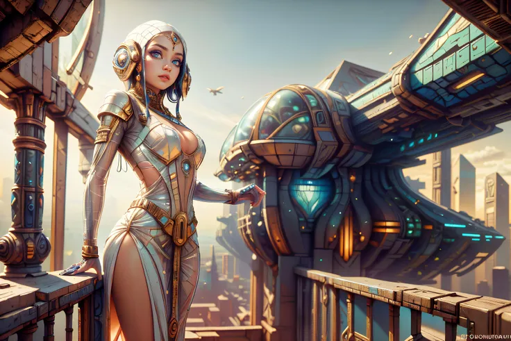 16K, Best Quality, High Quality, Highres, Masterpiece, Ultra Detailed, (medium shot:1.5) (rule of thirds:1.5), a (beautiful 20yo woman:1.1), looking at viewer, perfecteyes eyes, (multicolor:1.3) hair, cleavage, gold jewelry, (transparent white:1.4) ancient Egyptian (dress:1.3), standing on a balcony overlooking a panoramic view of a science fiction futuristic Egyptian cityscape, (science fiction, futuristic:1.3), Creative Composition, Dynamic Angle, Foreshortening, Fashion Photography, Glamour Photography, Hyperrealism Style, Hypermaximalist, embedding:Positive\epiCPhoto, <lora:lora_perfecteyes_v1_from_v1_160:1.0>, <lora:Utilities\detail_slider_v4:0.5>, <lora:Utilities\EgyptianWorld.safetensors:0.8>,