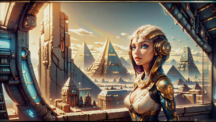 16K, Best Quality, High Quality, Highres, Masterpiece, Ultra Detailed, (medium shot:1.5) (rule of thirds:1.5), a beautiful 20yo woman, looking at viewer, perfecteyes eyes, (multicolor:1.3) hair, cleavage, gold jewelry, (transparent white:1.3) ancient Egyptian dress, standing on a balcony overlooking a panoramic view of a science fiction futuristic Egyptian cityscape, (science fiction, futuristic:1.3), Creative Composition, Dynamic Angle, Foreshortening, Fashion Photography, Glamour Photography, Hyperrealism Style, Hypermaximalist, embedding:Positive\epiCPhoto, <lora:lora_perfecteyes_v1_from_v1_160:1.0>, <lora:Utilities\detail_slider_v4:0.5>, <lora:Utilities\EgyptianWorld.safetensors:0.8>,