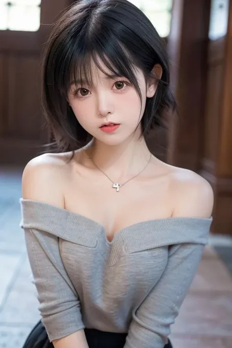 best quality, face focus, soft light, (depth of field) ,ultra high res, (photorealistic:1.4), RAW photo, (portrait:1.4) ,(from front) 1japanese girl, solo, cute, (shy, smile:1.1), (brown eyes), detailed beautiful face, (midi_hair), The Great Hall of a European Castle, walking, (off shoulder shirt)