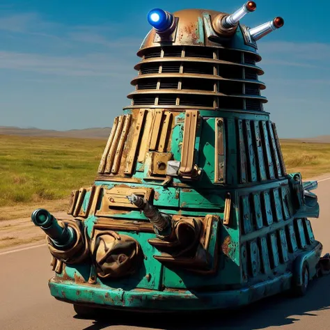 <lora:dalek:0.75> dalek, in the back of an old rusty pickup truck on an open highway