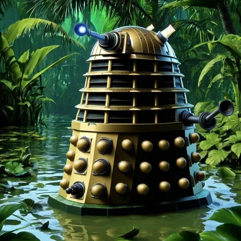 <lora:dalek:0.75> dalek, sinking into a tropical swamp