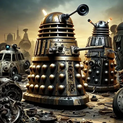 <lora:dalek:0.75> dalek, in a cluttered junkyard, rusty cars, scrap metal