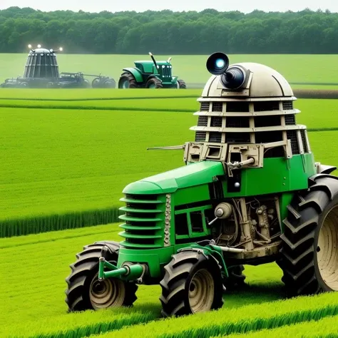 <lora:dalek:0.9> dalek, farming tractor, cornfield