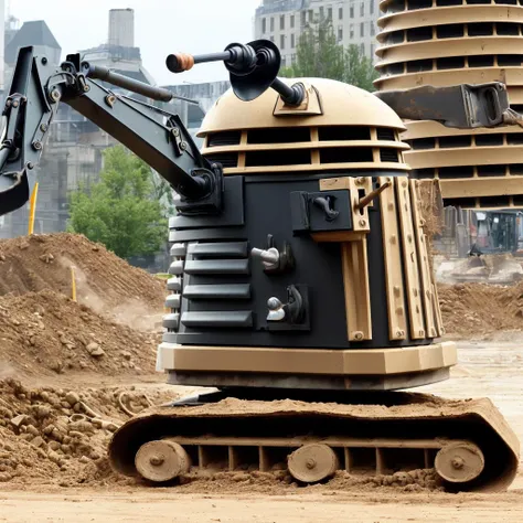 <lora:dalek:0.8> dalek, (backhoe:1.2), construction site