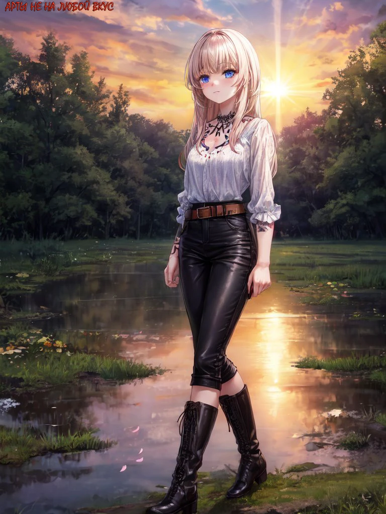 Girl:
A special feature: numerous tattoos all over the body, blue eyes
Clothing: black trousers and blouse, black boots
Pose: standing on the edge of a swampy field, looking at the sunset, hands on her belt
Background: blooming evening sky with bright rays of the sun, various trees in the distance and a small village on the horizon.
 <lora:add_detail:1.2> 
<lora:GoodHands-beta2:1.4>
