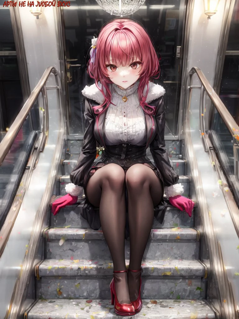 Woman:
Special feature: transparent masculinized nose, brown eyes
Clothing: black suit, red shoes, green gloves
Pose: sitting on the rise in the escalator hall, looking at people passing by, hands on her waist
Background: a dark entrance with glowing lamps, people in different clothes glide past.
<lora:add_detail:1.2>
<lora:GoodHands-beta2:1.4>
