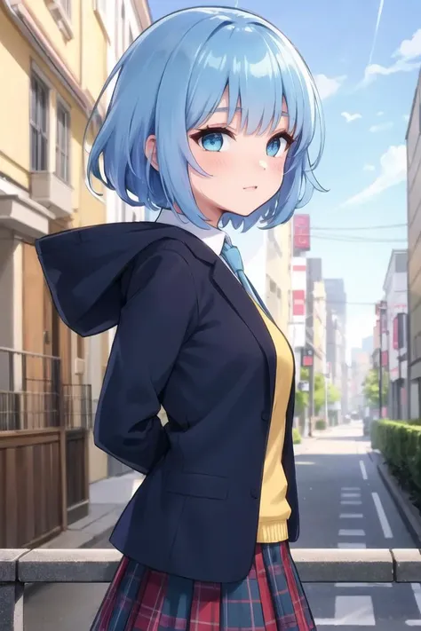 (best quality)++,(masterpiece)++,(ultra detailed)++,extremely detailed CG,((Add layer)), dynamic angle,from side,cityscape, tokyo scenery,rooftop,light rain,(wind:1.2),ldelicate face,looking at viewer,bangs,blue eyes, ((shot hair,sky blue hair:1.4)), long sleeves, solo,stoop down,arms behind back,black hooded hoodie,put on a hoodie,take down the hood,gray school uniform,gray blazer,silver blue orange striped tie,gray tartan skirt,, BREAK (masterpiece:1.2), best quality, high resolution, unity 8k wallpaper, (illustration:0.8), extremely detailed face, perfect lighting, extremely detailed CG, (perfect hands, perfect anatomy), (masterpiece, best_quality, ultra-detailed, immaculate:1.3), epic, illustration, render, <lora:GoodHands-vanilla:1.2>, <lora:colorize:1>,