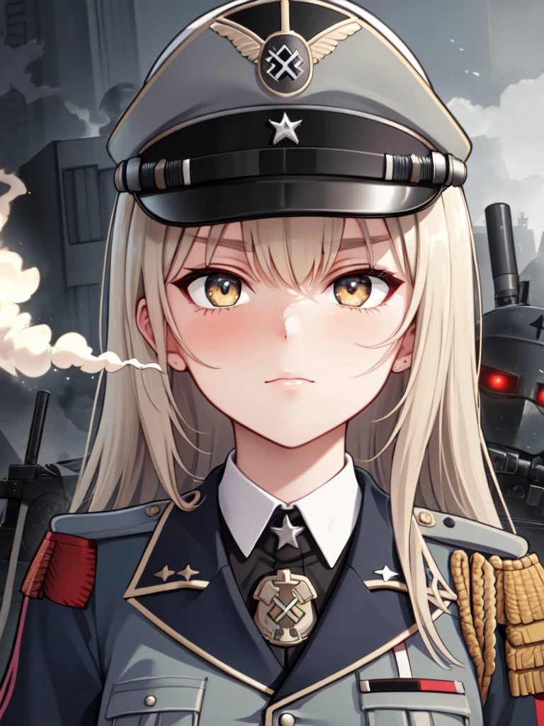 ((best quality)), ((masterpiece)), (detailed), (German soldier:1.3), (formal suit:1.3) (1girl:1.2)
A captivating artwork depicting a courageous German soldier on a mission. The soldier is dressed in their official costume, complete with a helmet, uniform, and equipment. The artist should pay close attention to the fine details of the soldier's attire, such as the buttons, badges, and ribbons. The background could be a battlefield or a war-torn city, with smoke and debris adding an atmospheric touch. The lighting should be dim, with shadows highlighting the soldier's determination and strength. (German soldier:1.3), (official costume:1.3), (battlefield:1.2), (war-torn city:1.2), (dim lighting:1.2), (determination and strength:1.2)