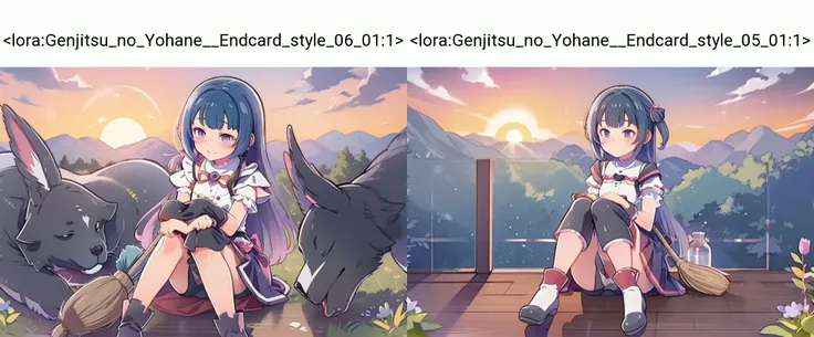 cute girl soars sitting on a broom, evening sunset, high above the horizon, above the ground, a colorized style by yohhh, <lora:Genjitsu_no_Yohane__Endcard_style_06_01:1>