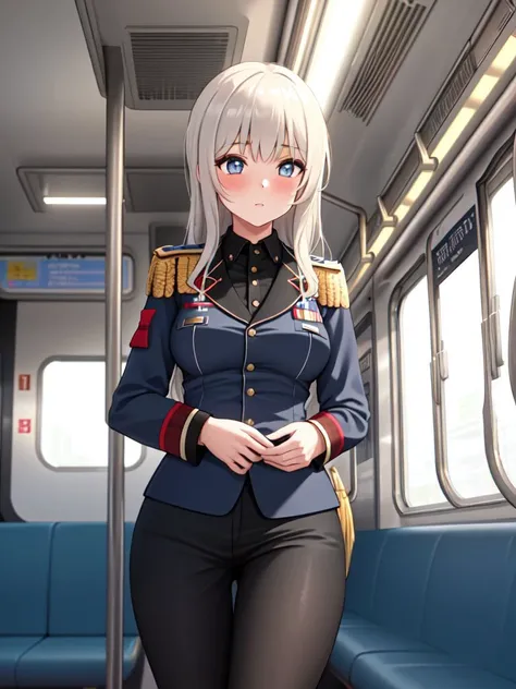 ((best quality)), ((masterpiece)), (detailed),  (German soldier:1.3), (formal suit:1.3) (1girl:1.2)
An impressive artwork depicting a girl inside a train, dressed in a formal suit of a German soldier. Her outfit should be intricately detailed, with unique elements such as patches and epaulettes. The background should showcase the interior of the train, with soft lighting and a sense of motion to create a dynamic atmosphere. (formal suit:1.3), (1girl:1.2), (train interior:1.2), (soft lighting:1.1), (dynamic atmosphere:1.2)